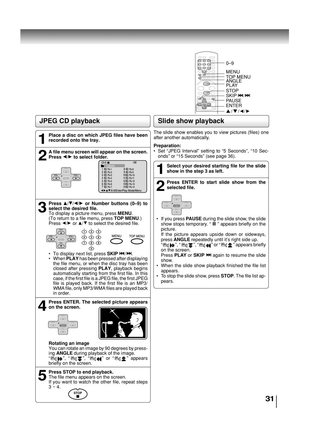 Toshiba SD-3860SC manual Jpeg CD playback Slide show playback, Place a disc on which Jpeg files have been, Preparation 