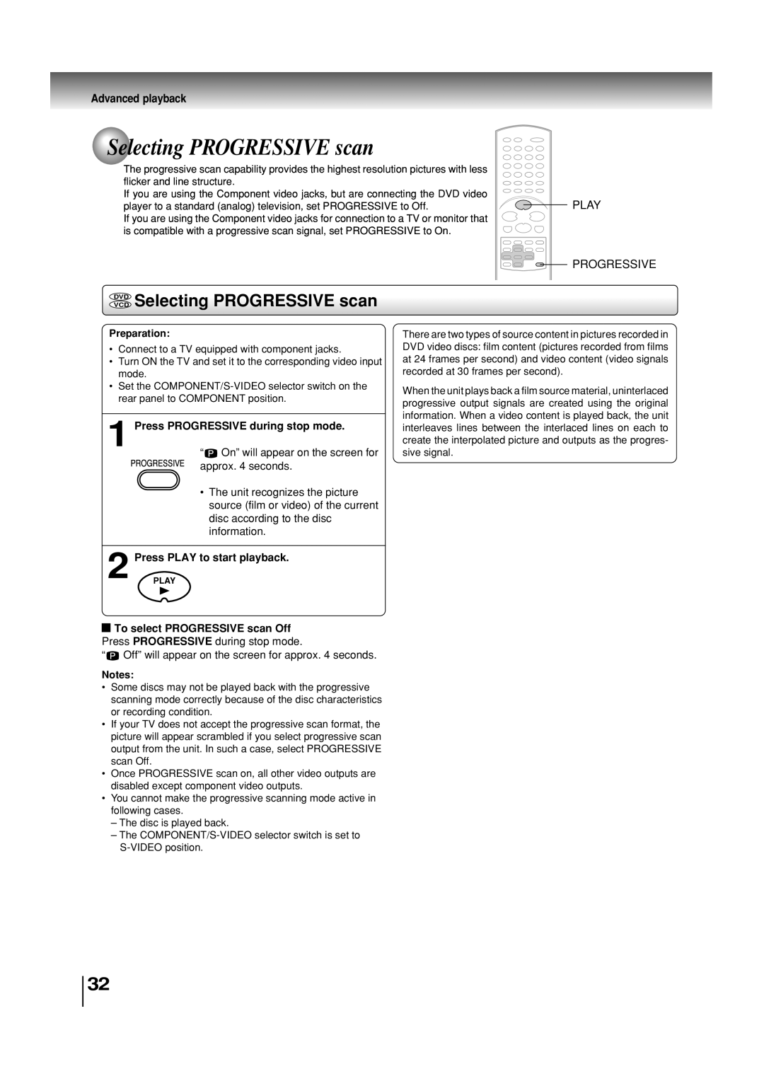 Toshiba SD-3860SC manual Dvdvcd Selecting Progressive scan 