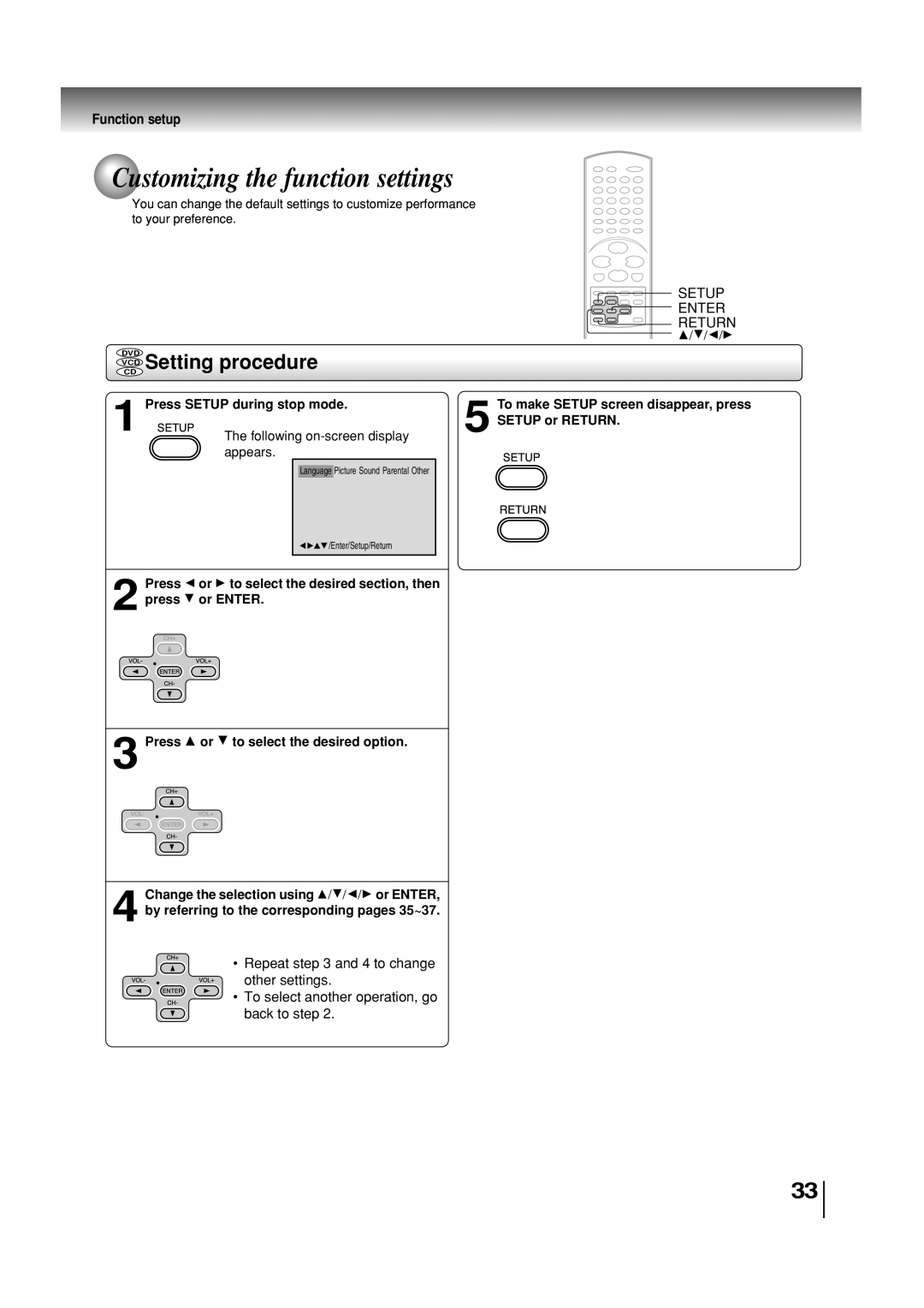 Toshiba SD-3860SC manual Customizing the function settings, VCD Setting procedure, Function setup, Setup, Return 