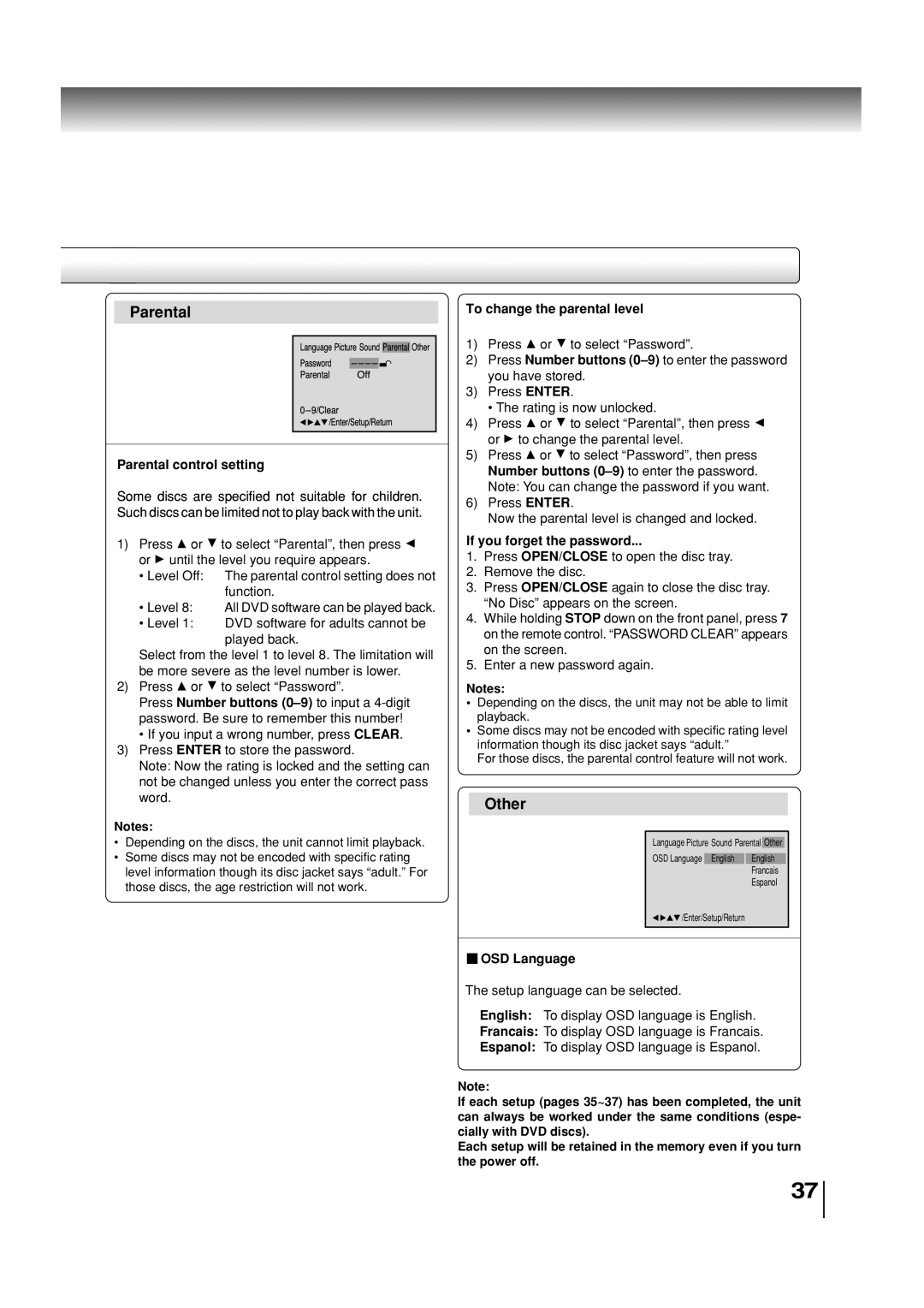 Toshiba SD-3860SC manual Parental control setting, To change the parental level, If you forget the password, OSD Language 