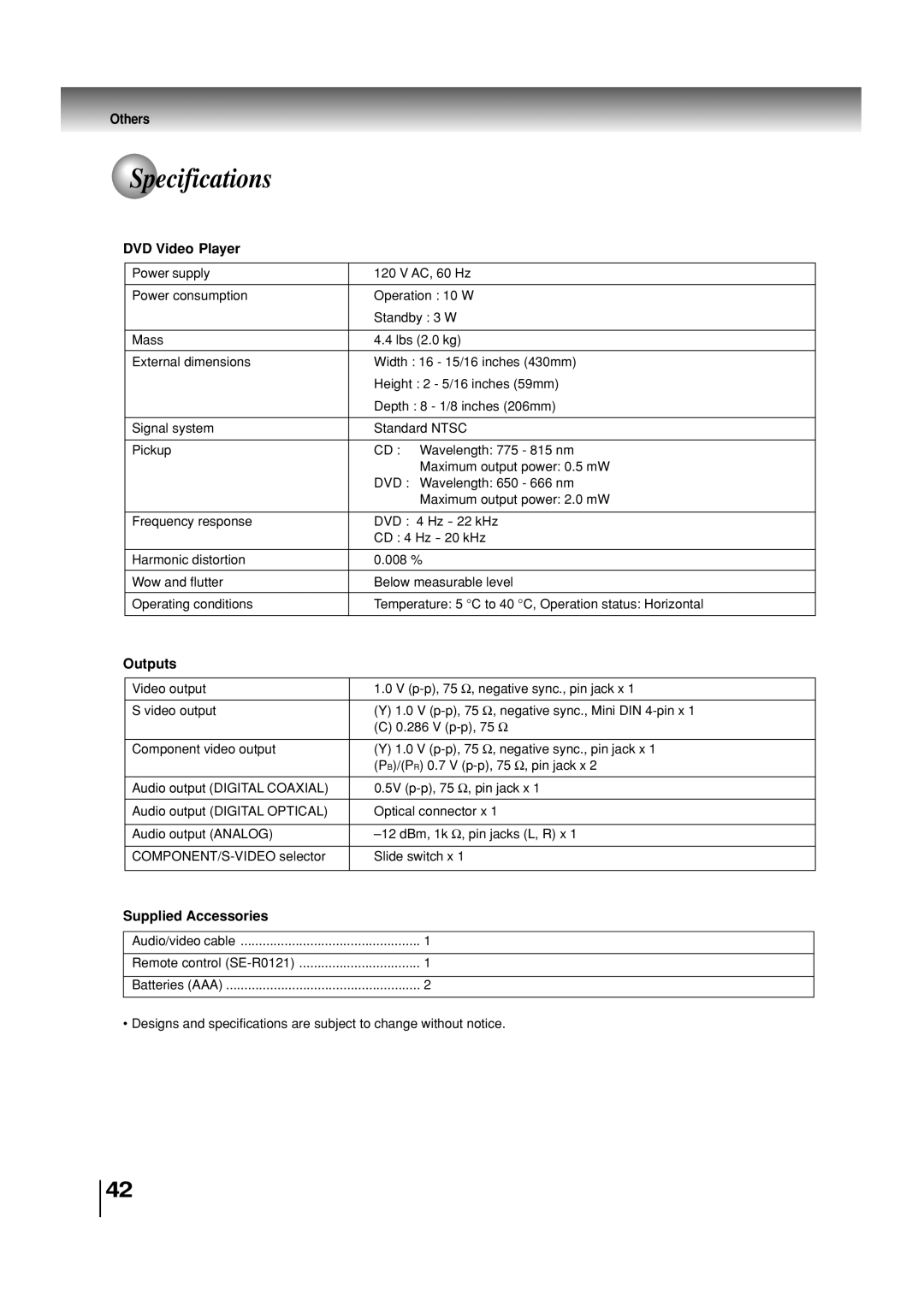 Toshiba SD-3860SC manual Specifications, DVD Video Player, Outputs, Supplied Accessories 