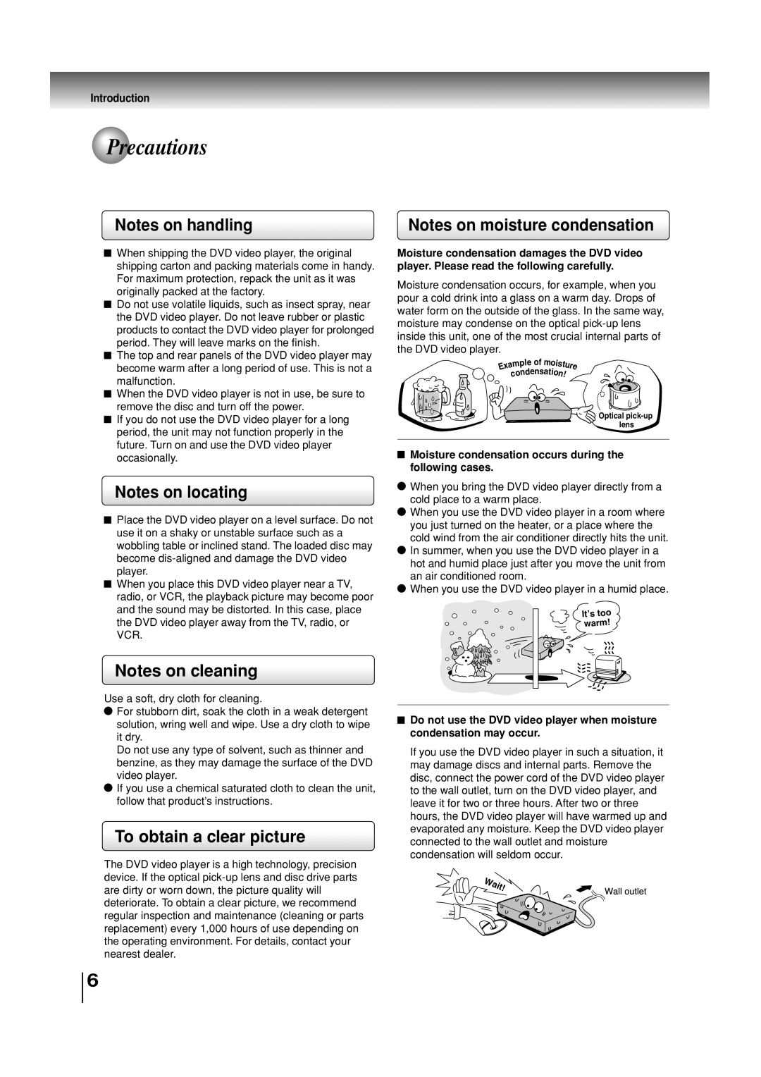 Toshiba SD-3860SC manual Precautions, To obtain a clear picture, Introduction, Wait 