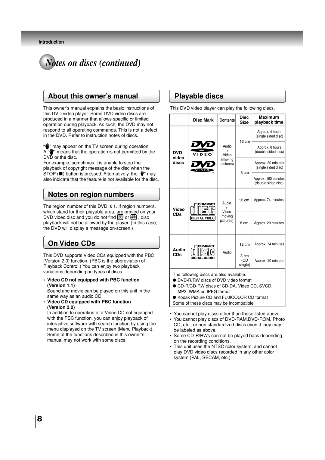 Toshiba SD-3860SC manual On Video CDs, Playable discs 