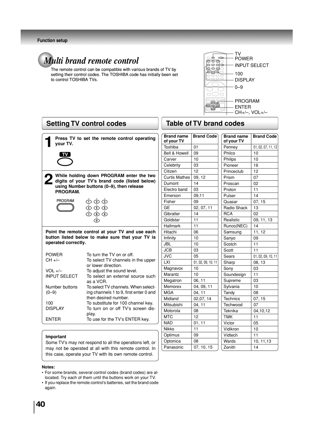 Toshiba SD-3860SC Multi brand remote control, Setting TV control codes, Table of TV brand codes, Function setup, Program 