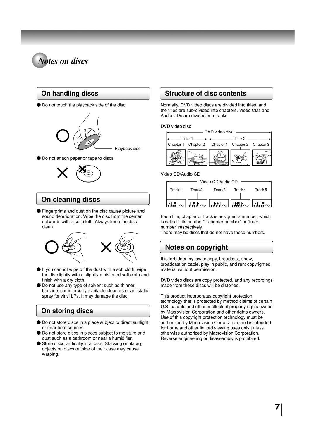 Toshiba SD-3860SC manual Notes on discs, On handling discs, On cleaning discs, On storing discs, Structure of disc contents 