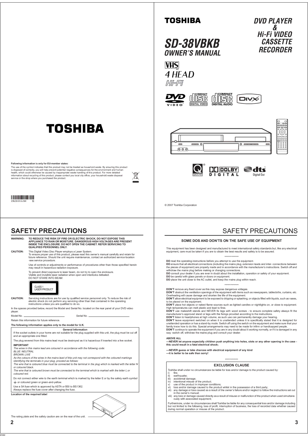 Toshiba SD-38VBKB owner manual Above ALL 