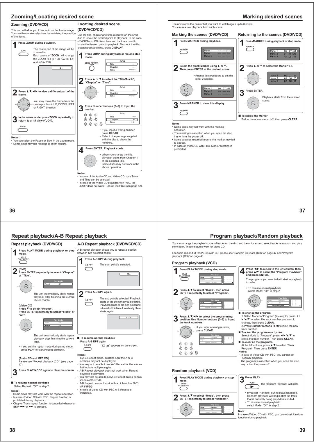 Toshiba SD-38VBKB owner manual Zooming/Locating desired scene Marking desired scenes 