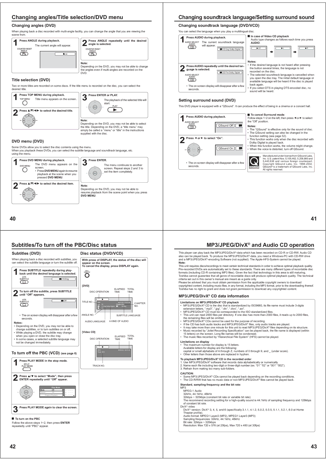 Toshiba SD-38VBKB owner manual Changing angles/Title selection/DVD menu 