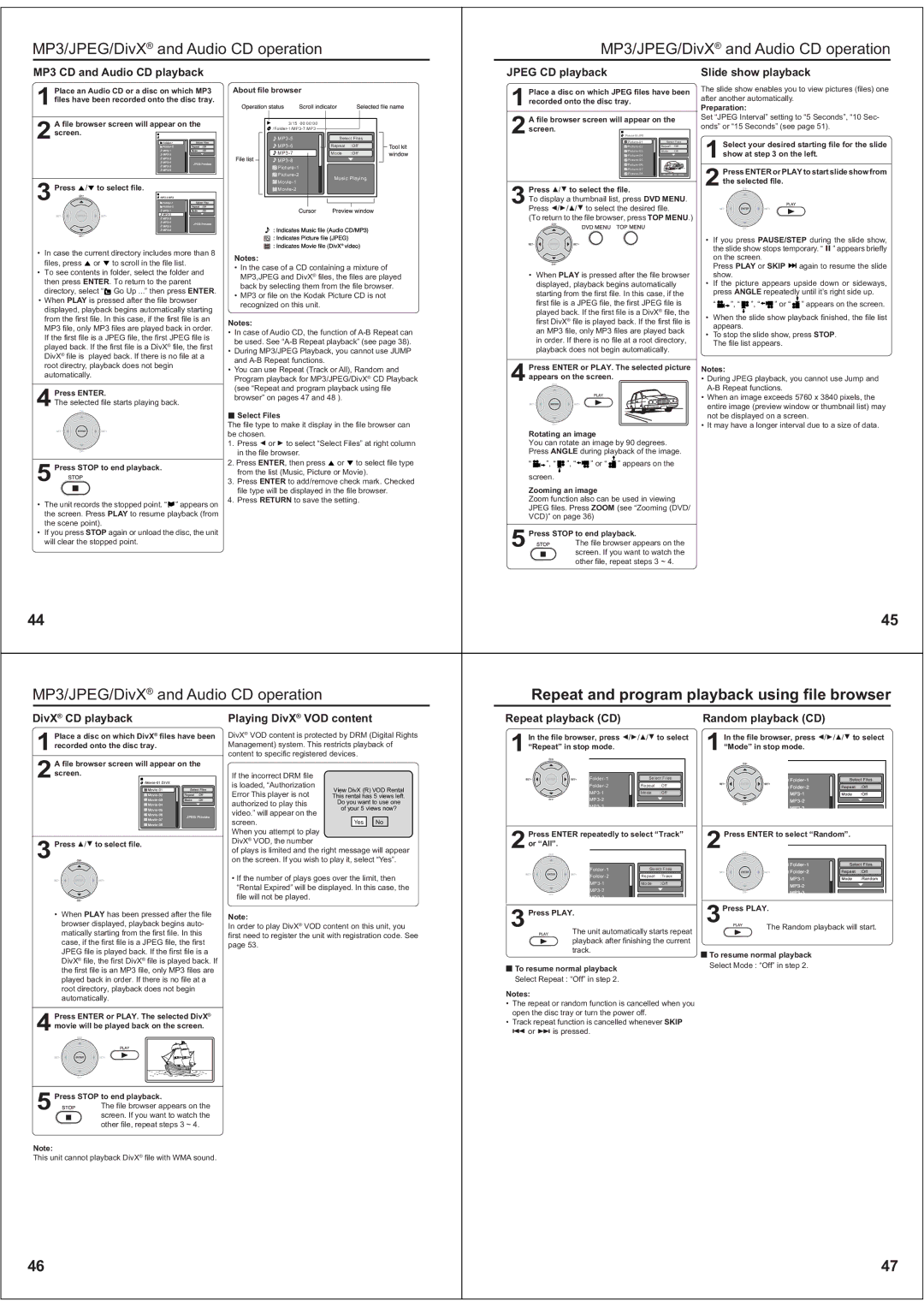 Toshiba SD-38VBKB MP3/JPEG/DivX and Audio CD operation, Repeat and program playback using file browser, DivX CD playback 