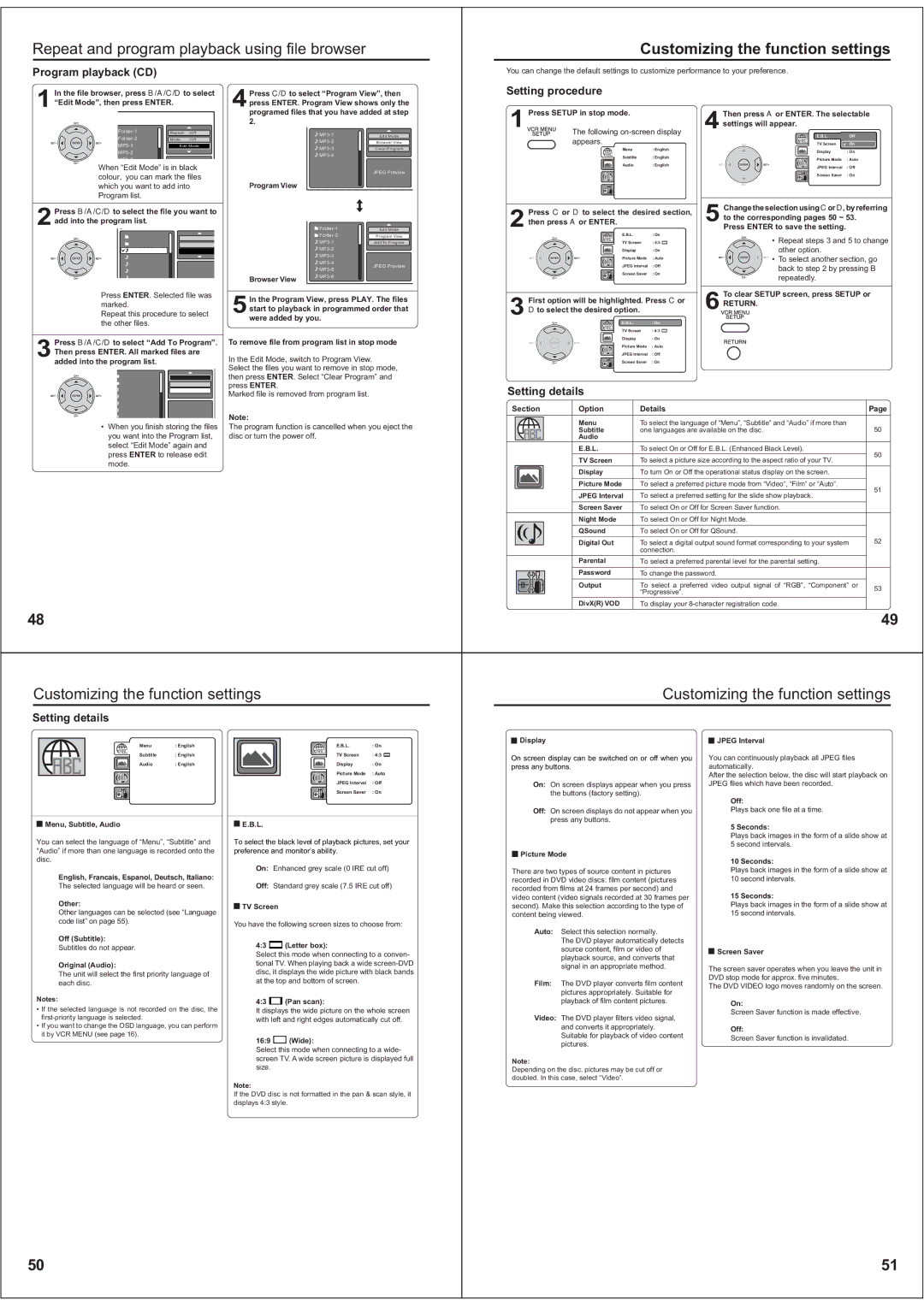 Toshiba SD-38VBKB owner manual Repeat and program playback using file browser, Customizing the function settings 