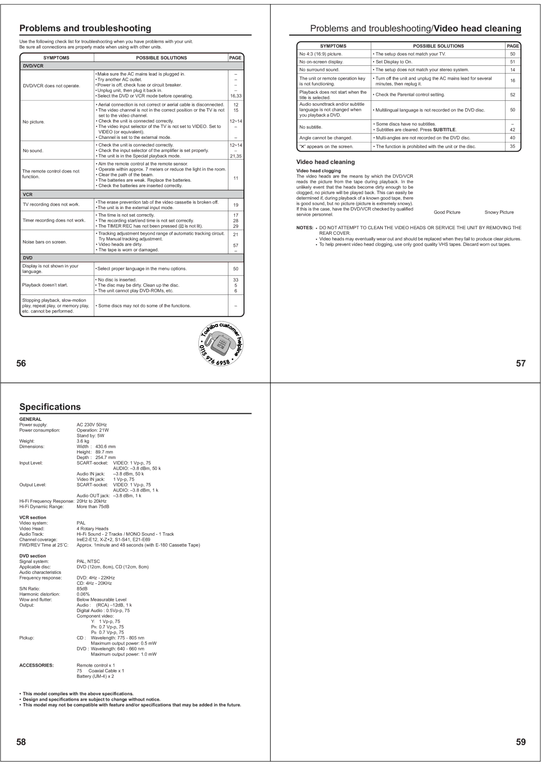 Toshiba SD-38VBKB owner manual Problems and troubleshooting/ Video head cleaning, Specifications 