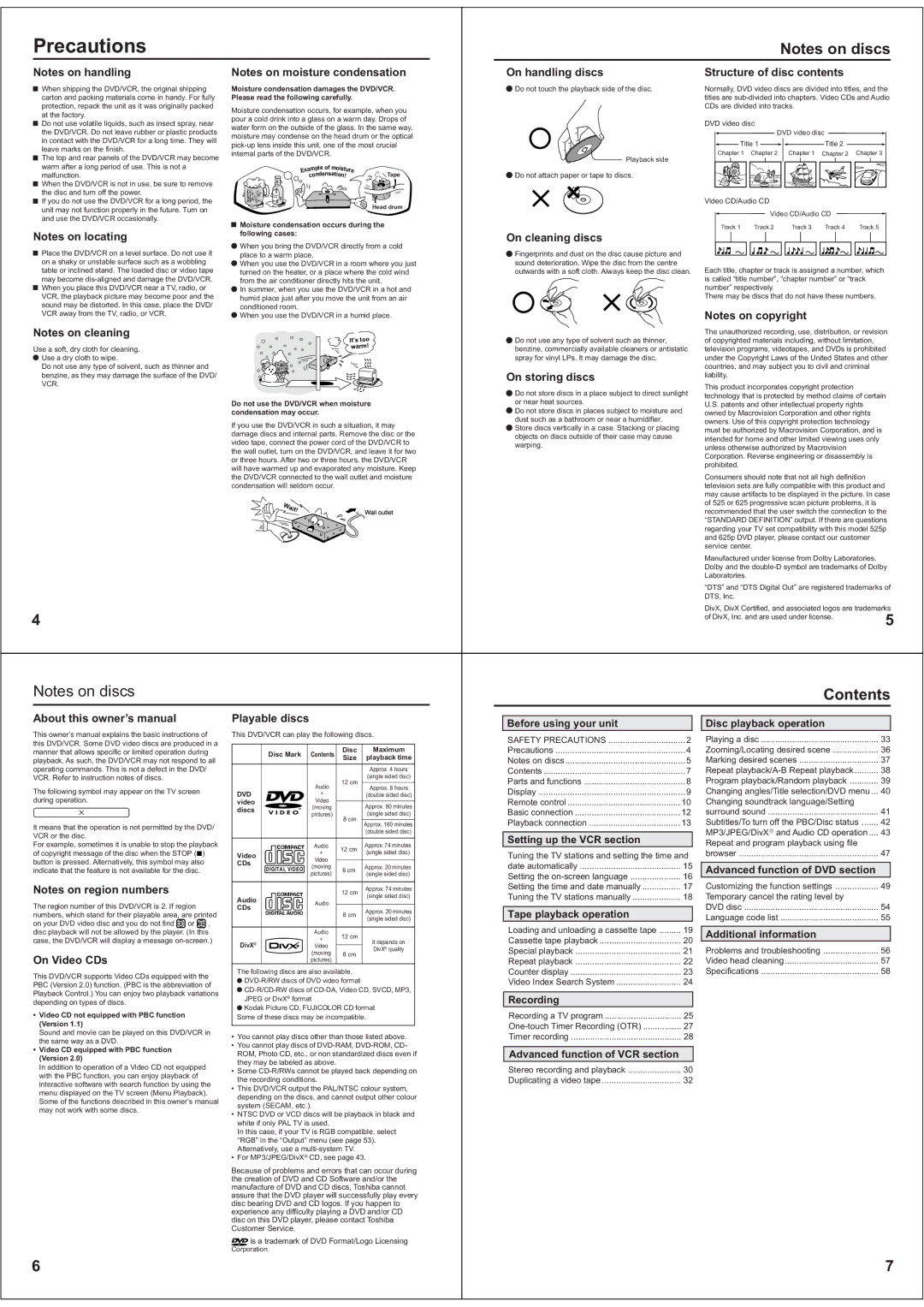 Toshiba SD-38VBKB owner manual Precautions, Contents 