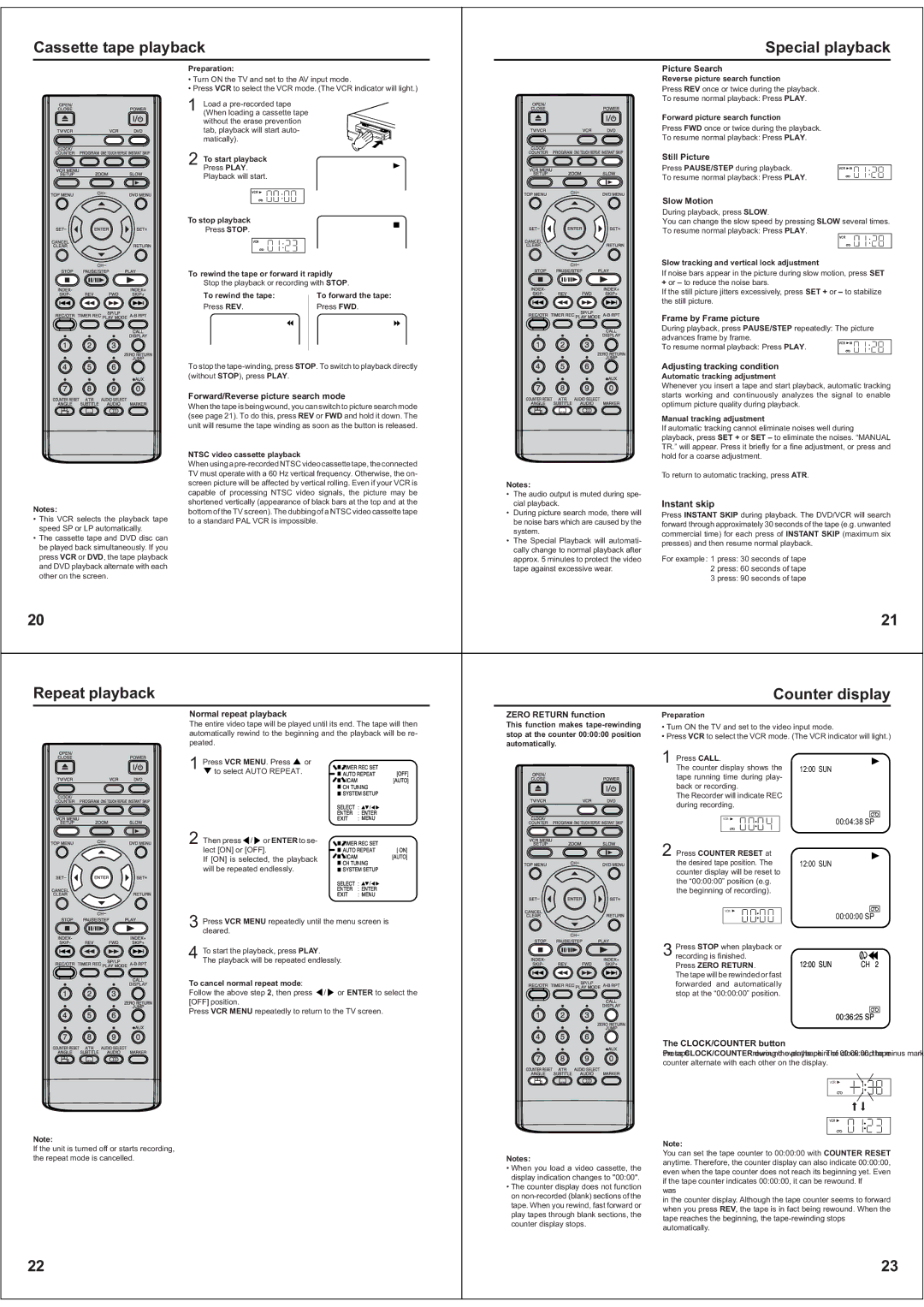 Toshiba SD-38VBKB owner manual Cassette tape playback Special playback, Repeat playback Counter display 