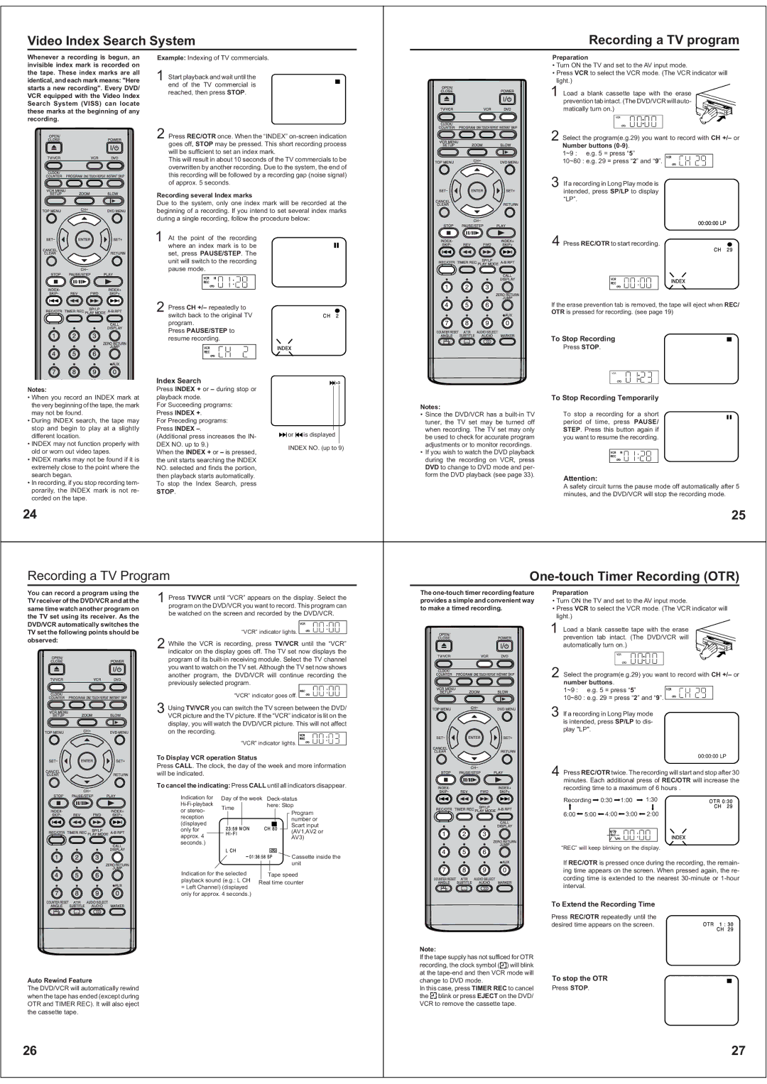 Toshiba SD-38VBKB Video Index Search System Recording a TV program, Recording a TV Program, One-touch Timer Recording OTR 