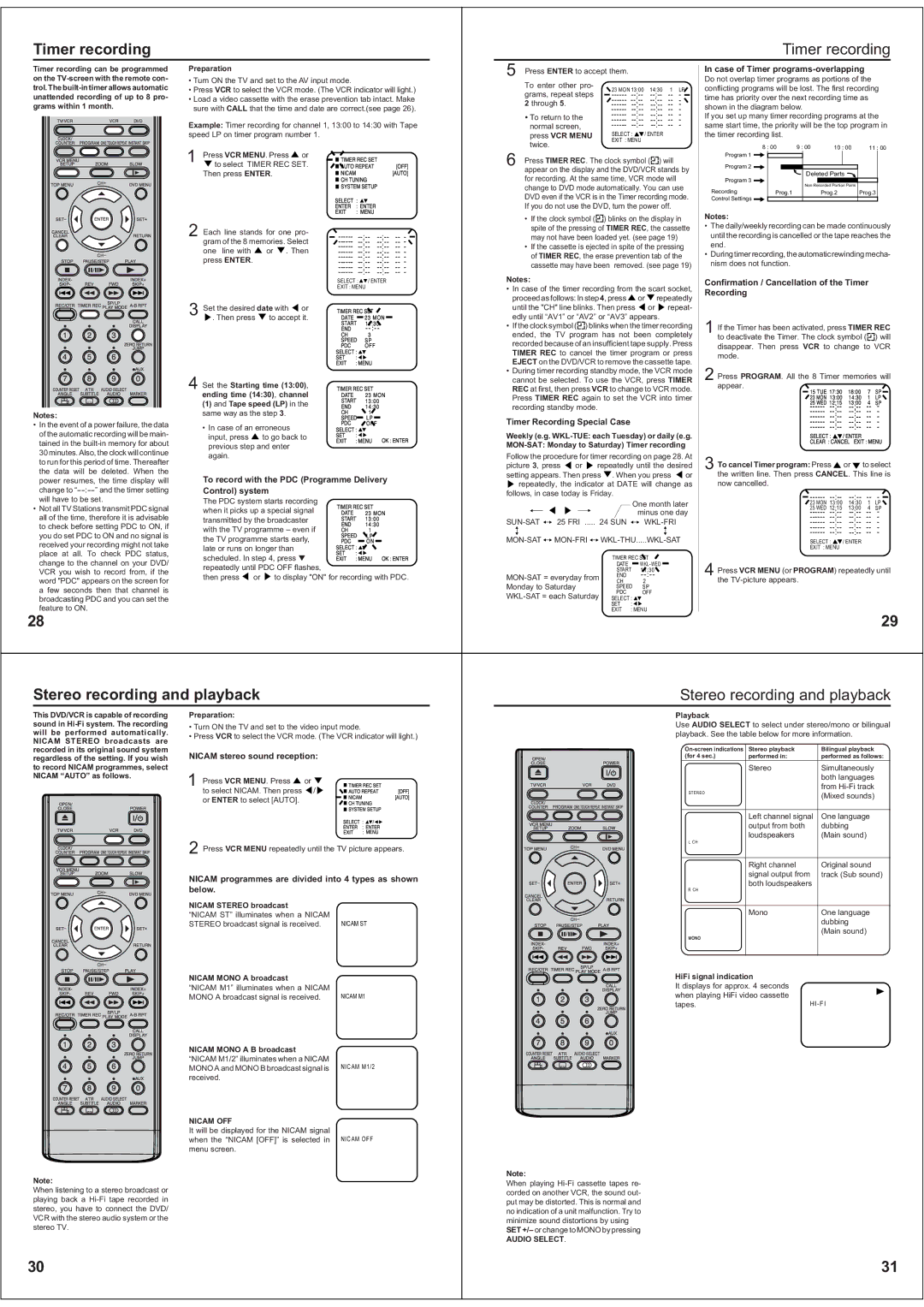 Toshiba SD-38VBKB owner manual Timer recording, Stereo recording and playback 