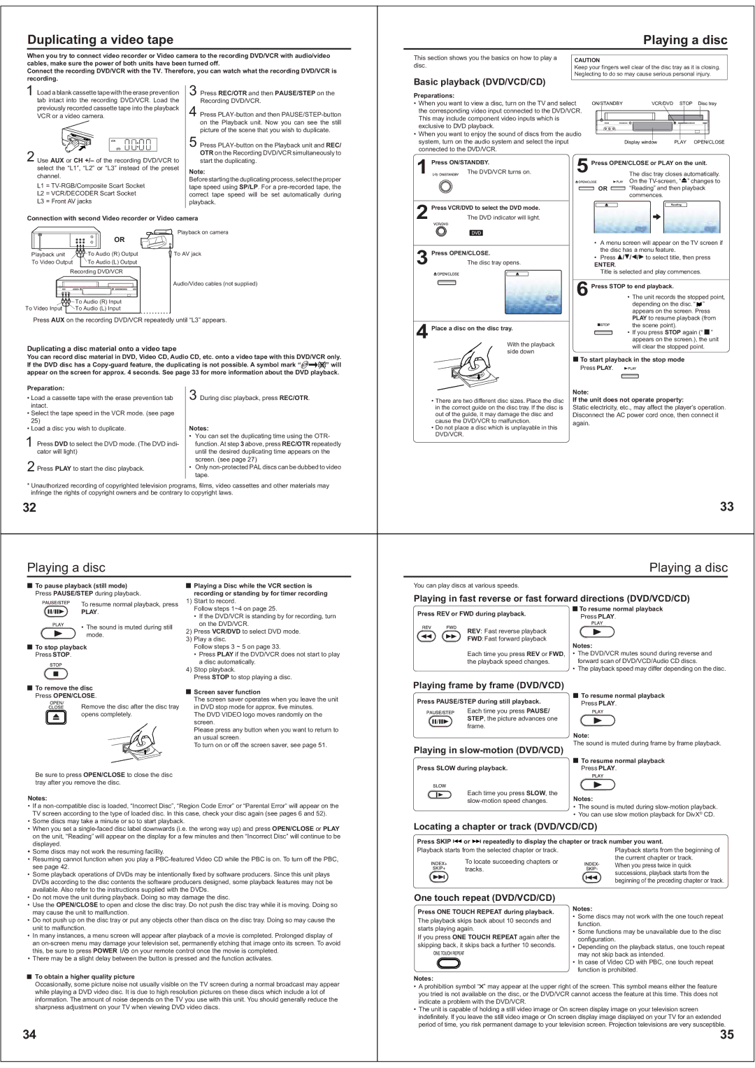 Toshiba SD-38VBKB owner manual Duplicating a video tape Playing a disc 