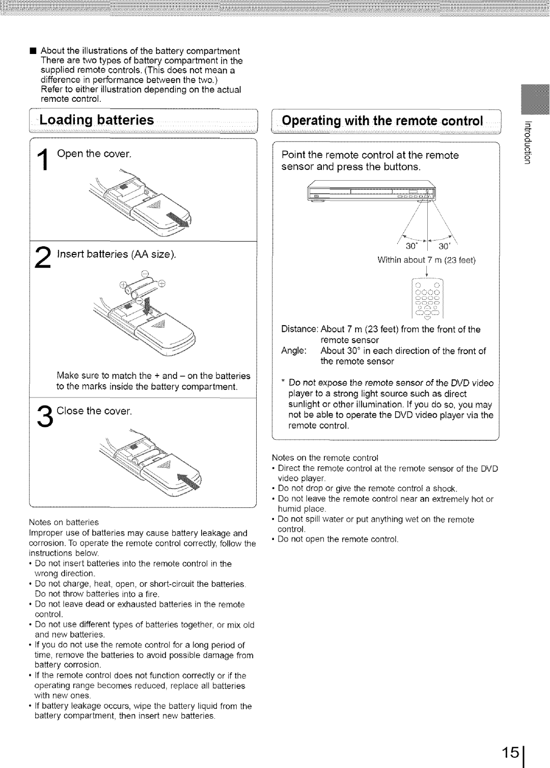 Toshiba SD-3960SU owner manual 151, Loading batteries, Operating with the remote control, Open the cover, Close the cover 