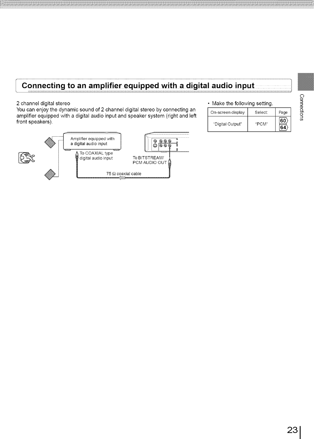 Toshiba SD-3960SU owner manual Connecting to an amplifier equipped with a digital, Audio input 