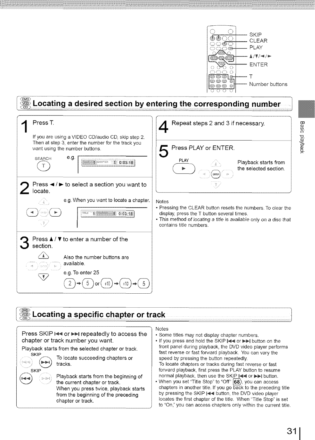 Toshiba SD-3960SU owner manual 311, Locating Desired section by entering Corresponding Number 