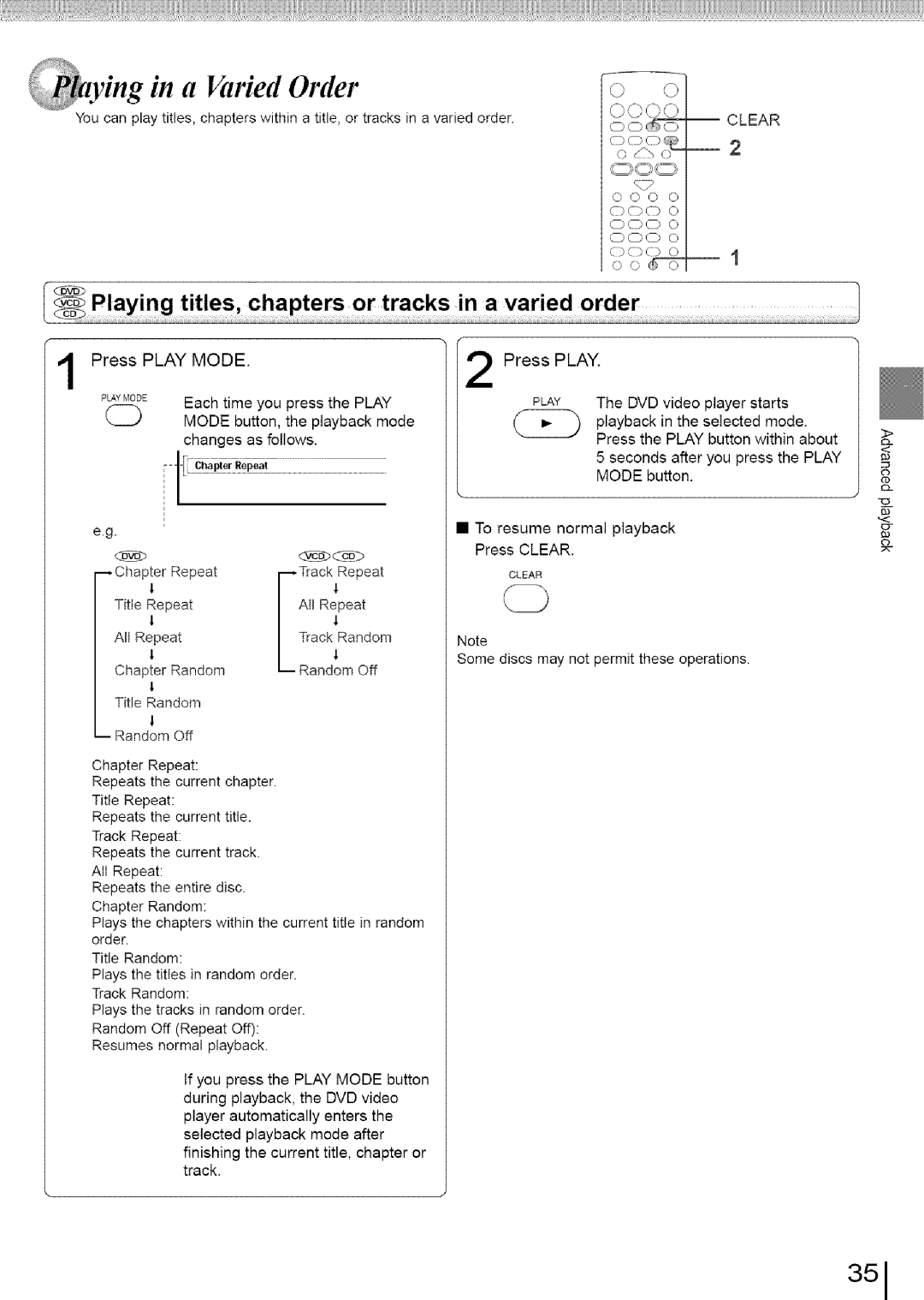 Toshiba SD-3960SU owner manual A Varied Order, Press Play Mode 