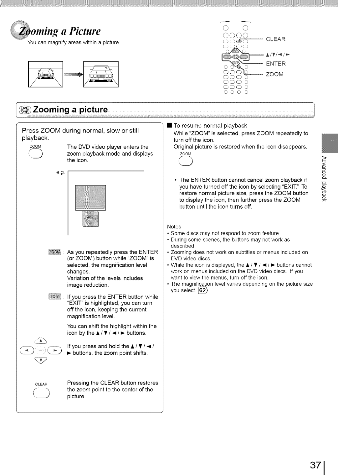 Toshiba SD-3960SU owner manual Picture, Press Zoom during normal, slow or still playback, DVD video player enters, Icon 