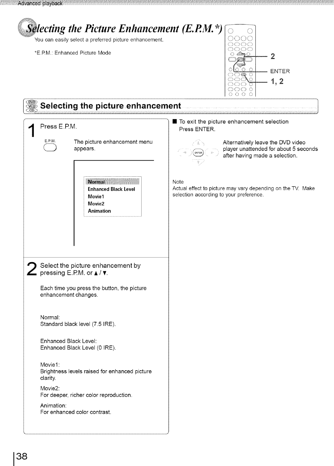 Toshiba SD-3960SU owner manual OXg --1,2, Press E.RM PM The picture enhancement menu Oappears 