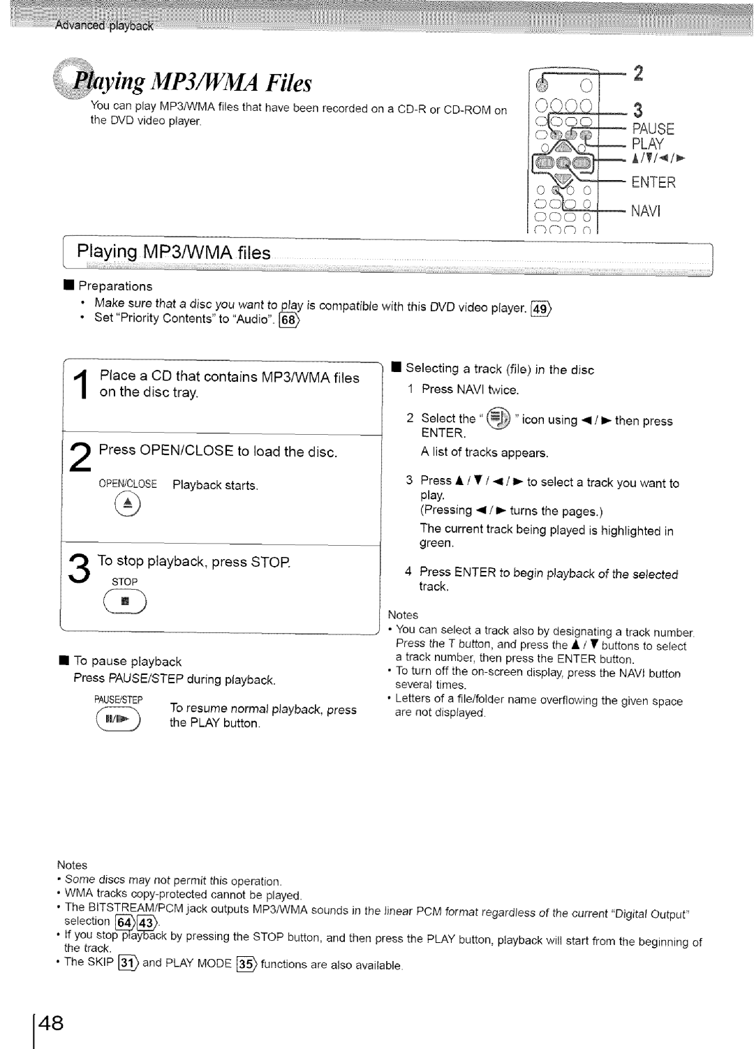 Toshiba SD-3960SU owner manual Place a CD that contains MP3/WMA files on the disc tray 