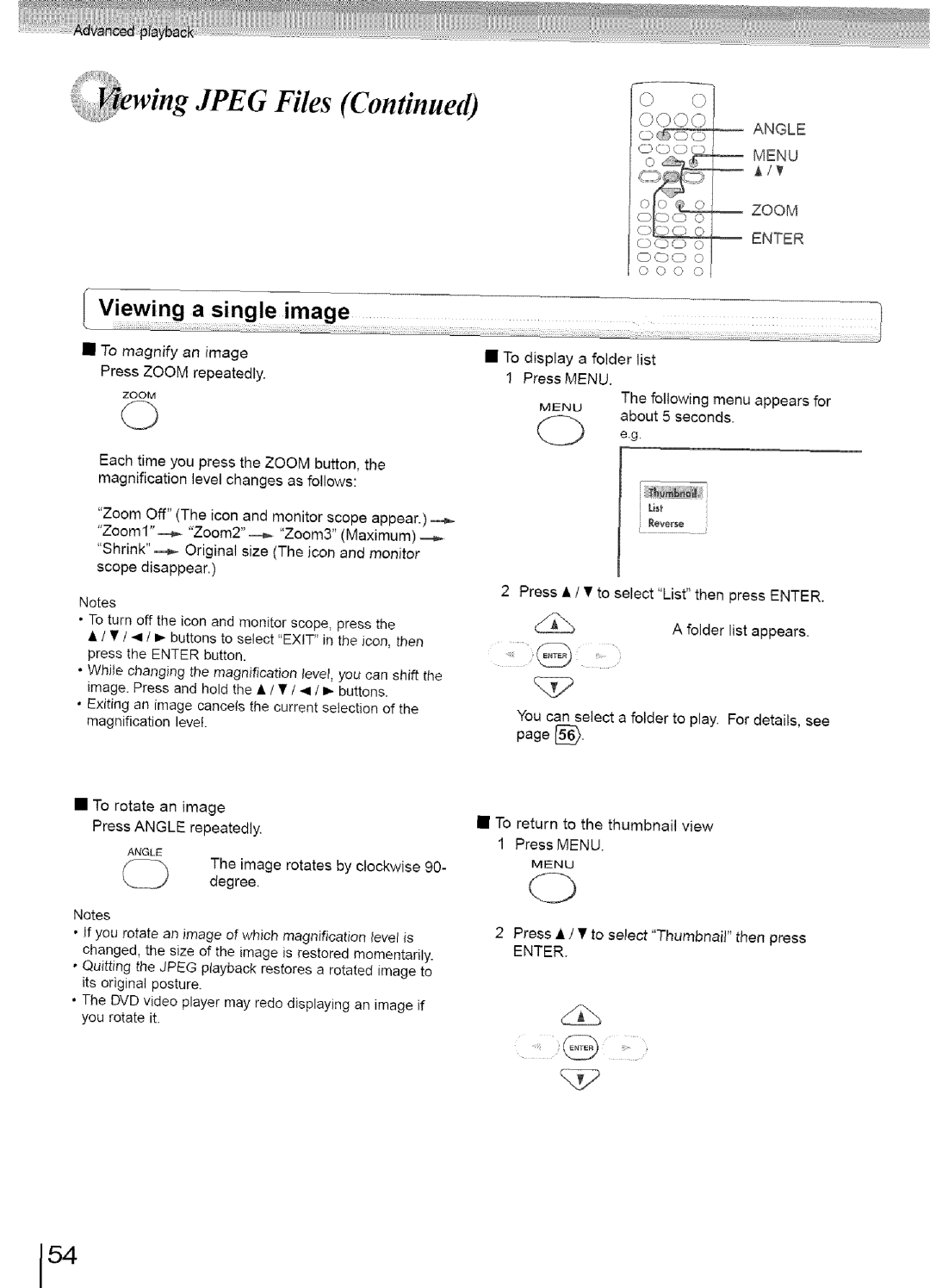 Toshiba SD-3960SU Press Angle repeatedly, Image rotates by clockwise, Degree, Press / to select Thumbnail then press 