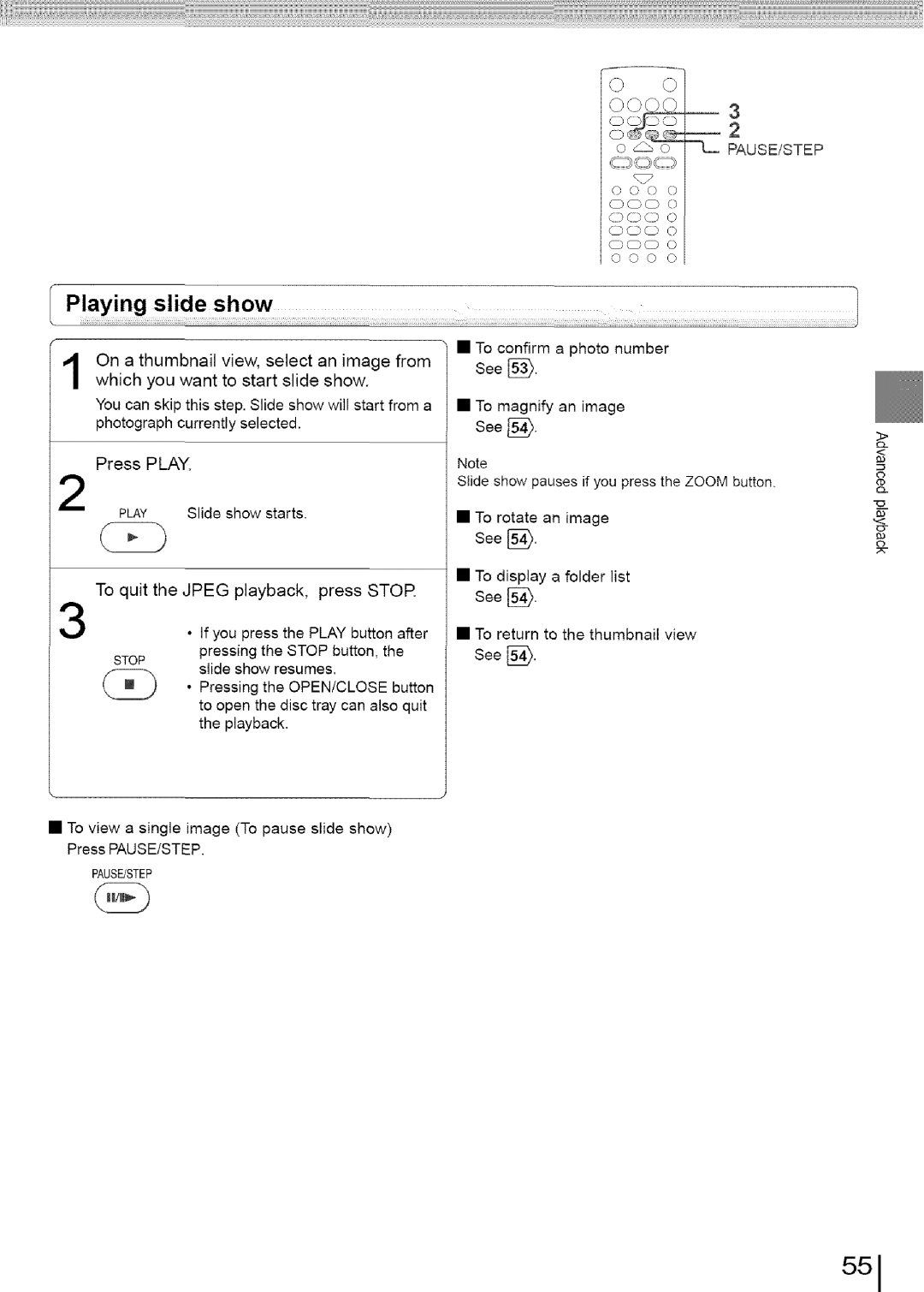 Toshiba SD-3960SU owner manual 551, Playing Slide Show, To quit the Jpeg Playback Press Stor, Pause/Step 