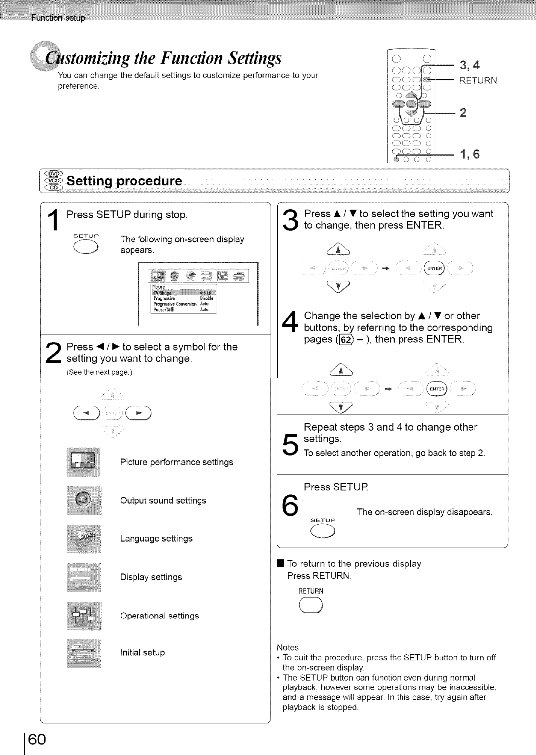 Toshiba SD-3960SU owner manual Function Settings, Press Setur 