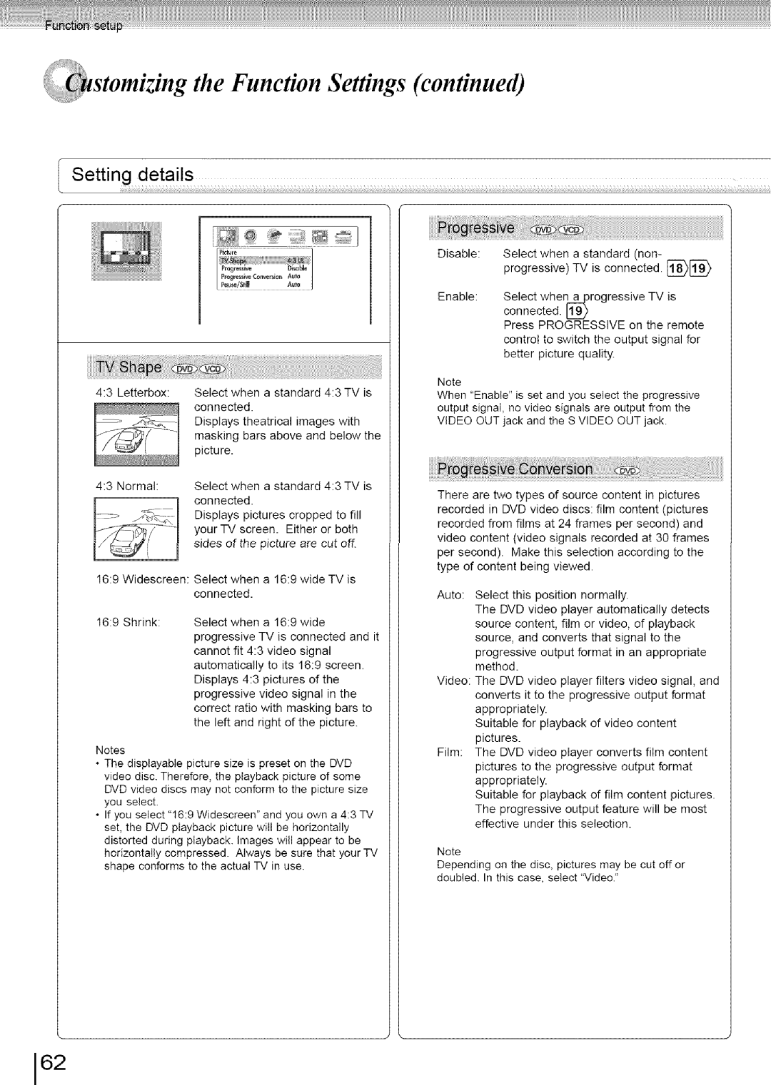 Toshiba SD-3960SU owner manual Ii stomizing the Function Settings, Setting details 