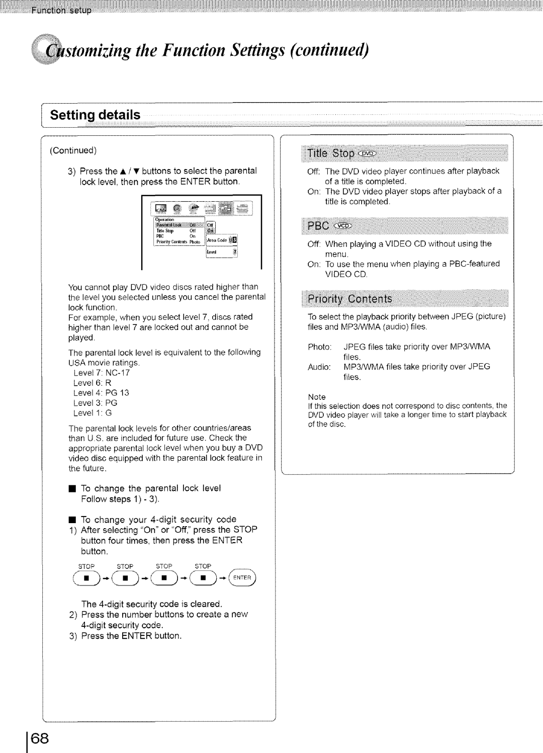 Toshiba SD-3960SU owner manual Setting details, To change the parental lock level Follow steps 1, Video CD 