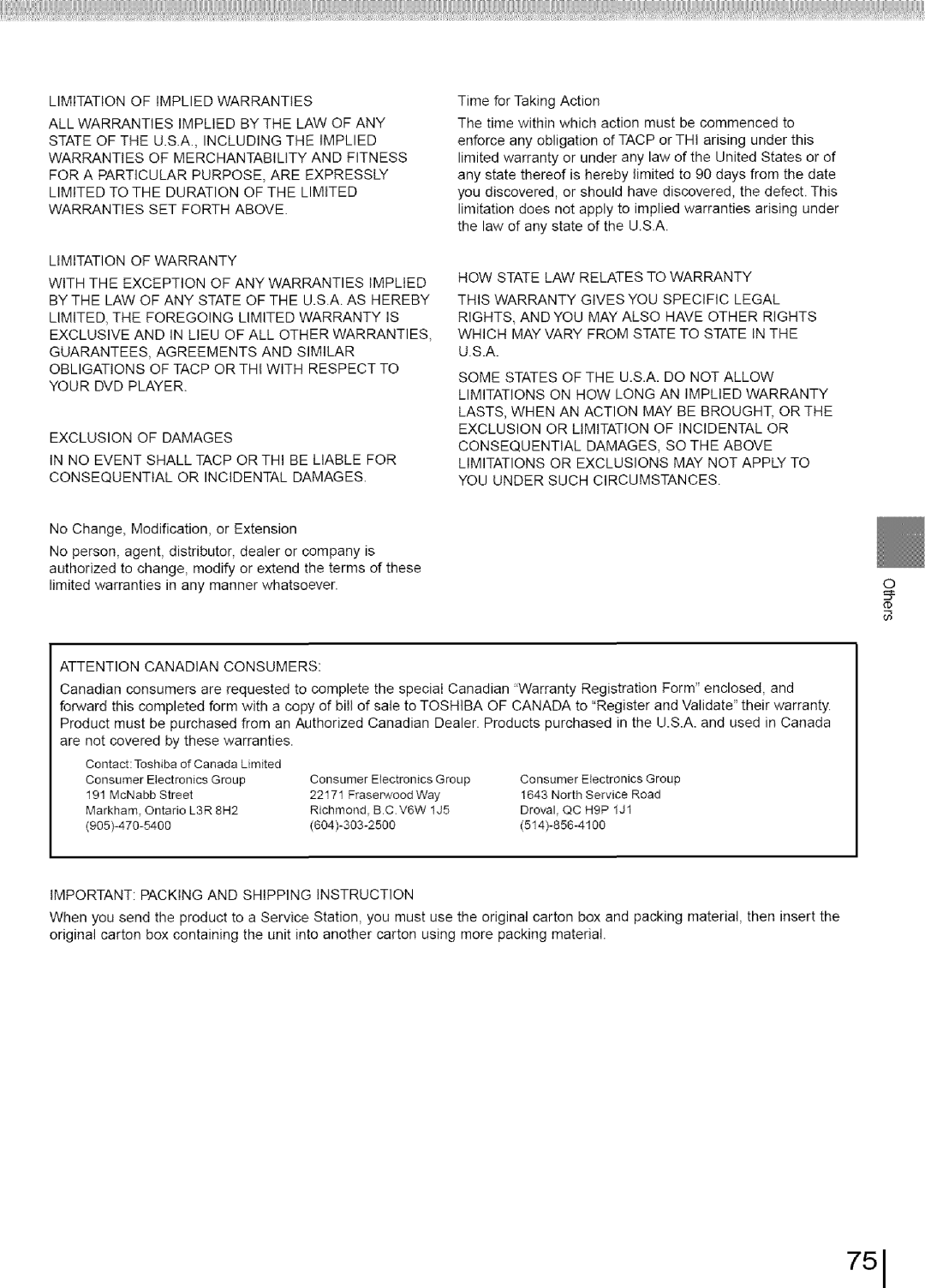 Toshiba SD-3960SU owner manual 751, Important Packing and Shipping Instruction 