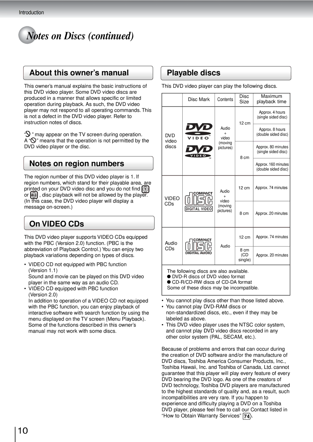 Toshiba SD-3960SU owner manual On Video CDs, Playable discs 