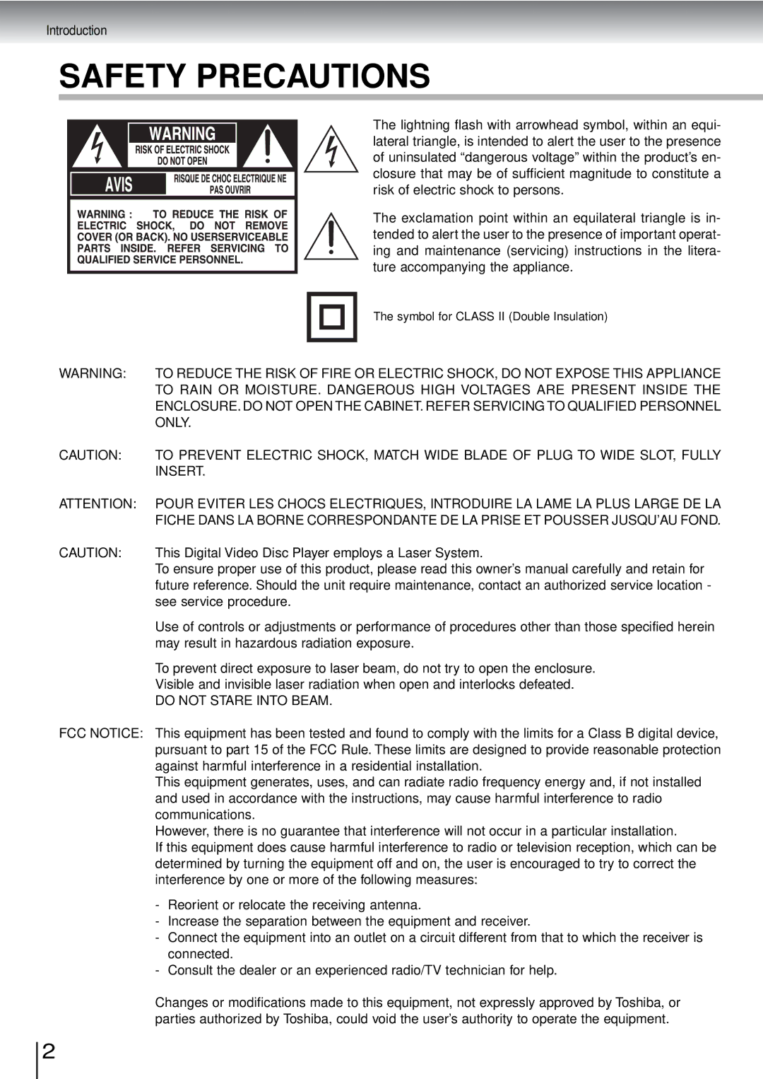 Toshiba SD-3960SU Introduction, Lightning flash with arrowhead symbol, within an equi, Risk of electric shock to persons 