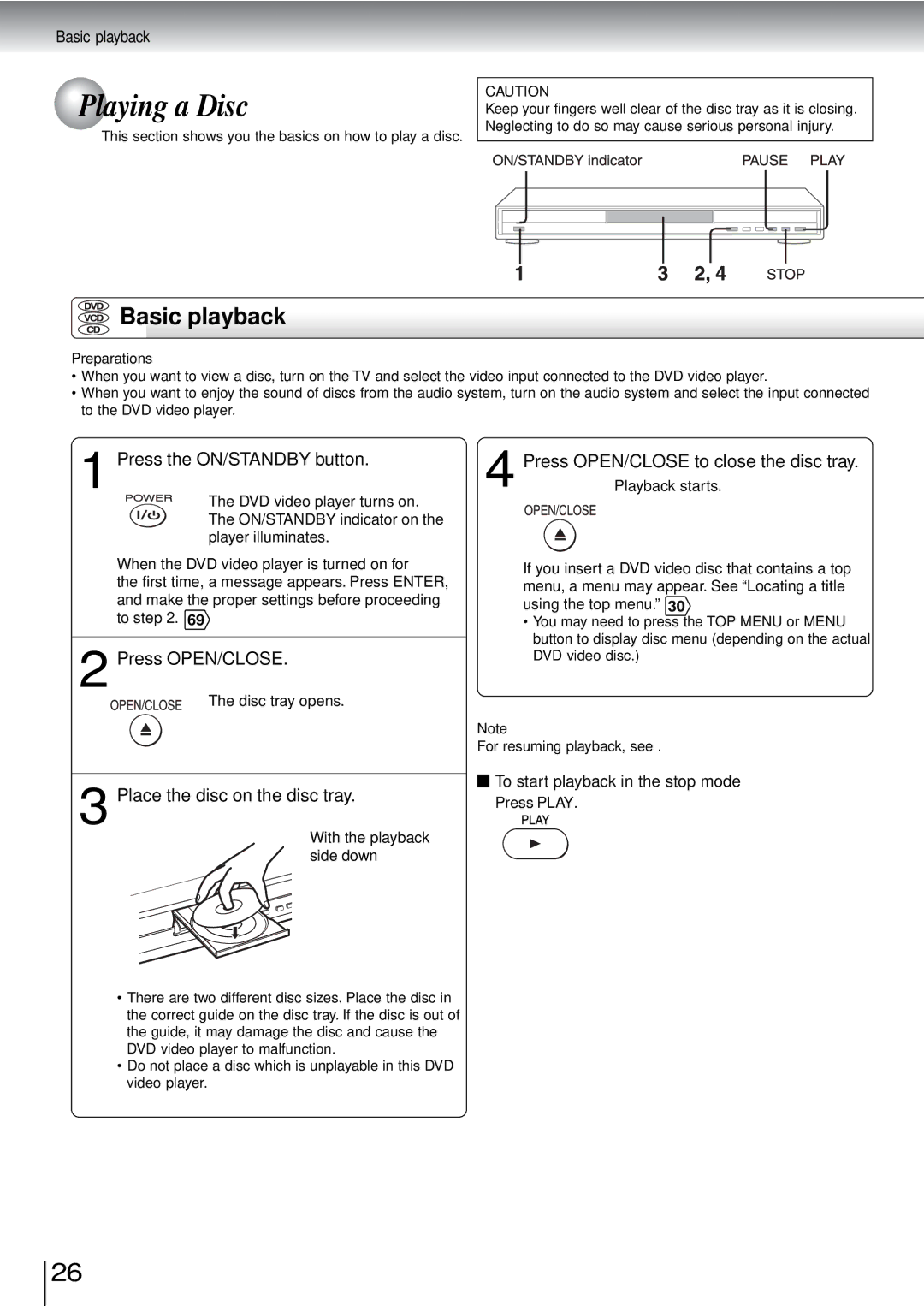 Toshiba SD-3960SU owner manual Playing a Disc, Basic playback, Press the ON/STANDBY button, Press OPEN/CLOSE 