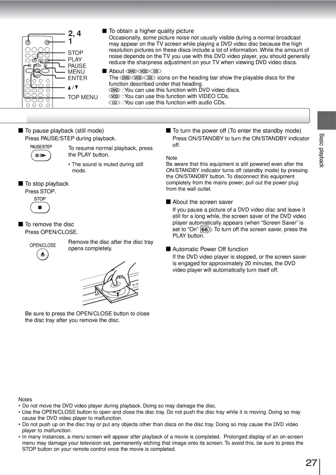 Toshiba SD-3960SU owner manual To obtain a higher quality picture, About, To pause playback still mode, To stop playback 