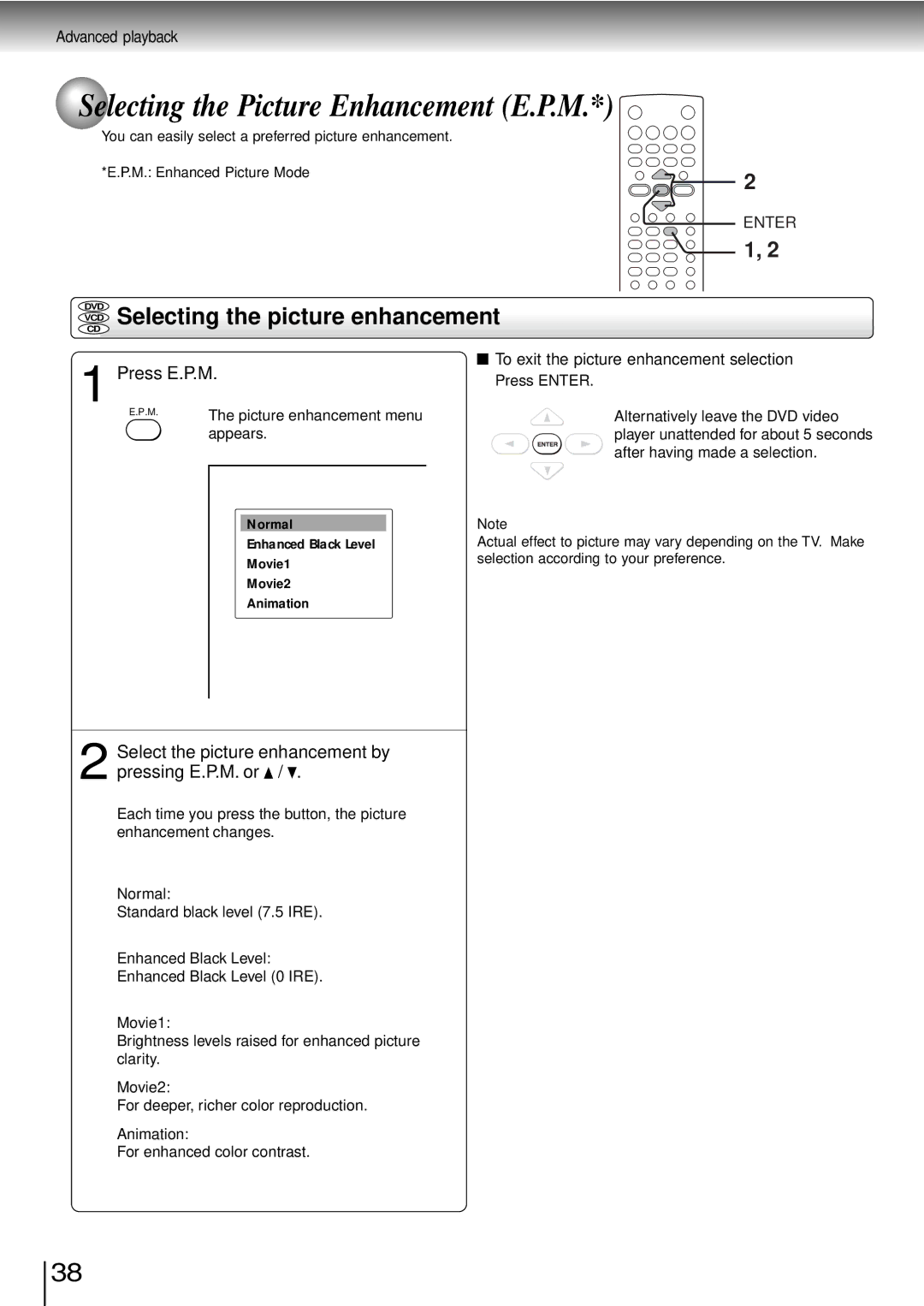 Toshiba SD-3960SU owner manual Selecting the Picture Enhancement E.P.M, Selecting the picture enhancement, Press E.P.M 