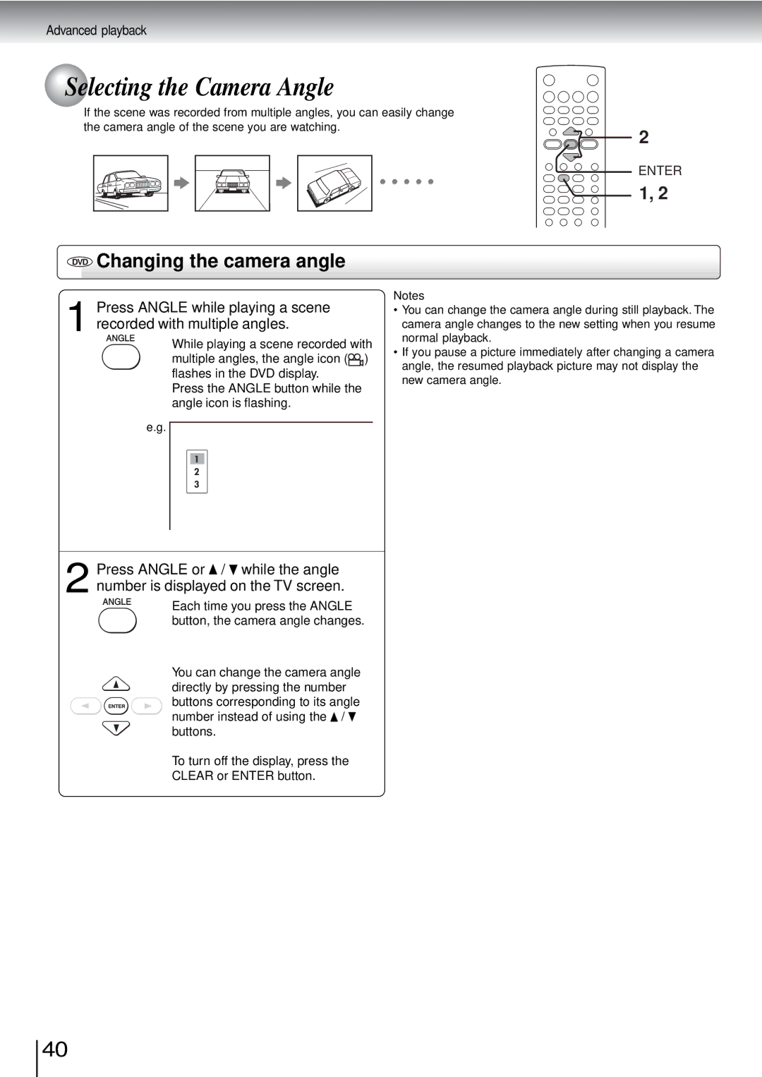 Toshiba SD-3960SU owner manual Selecting the Camera Angle, DVD Changing the camera angle, Press Angle while playing a scene 