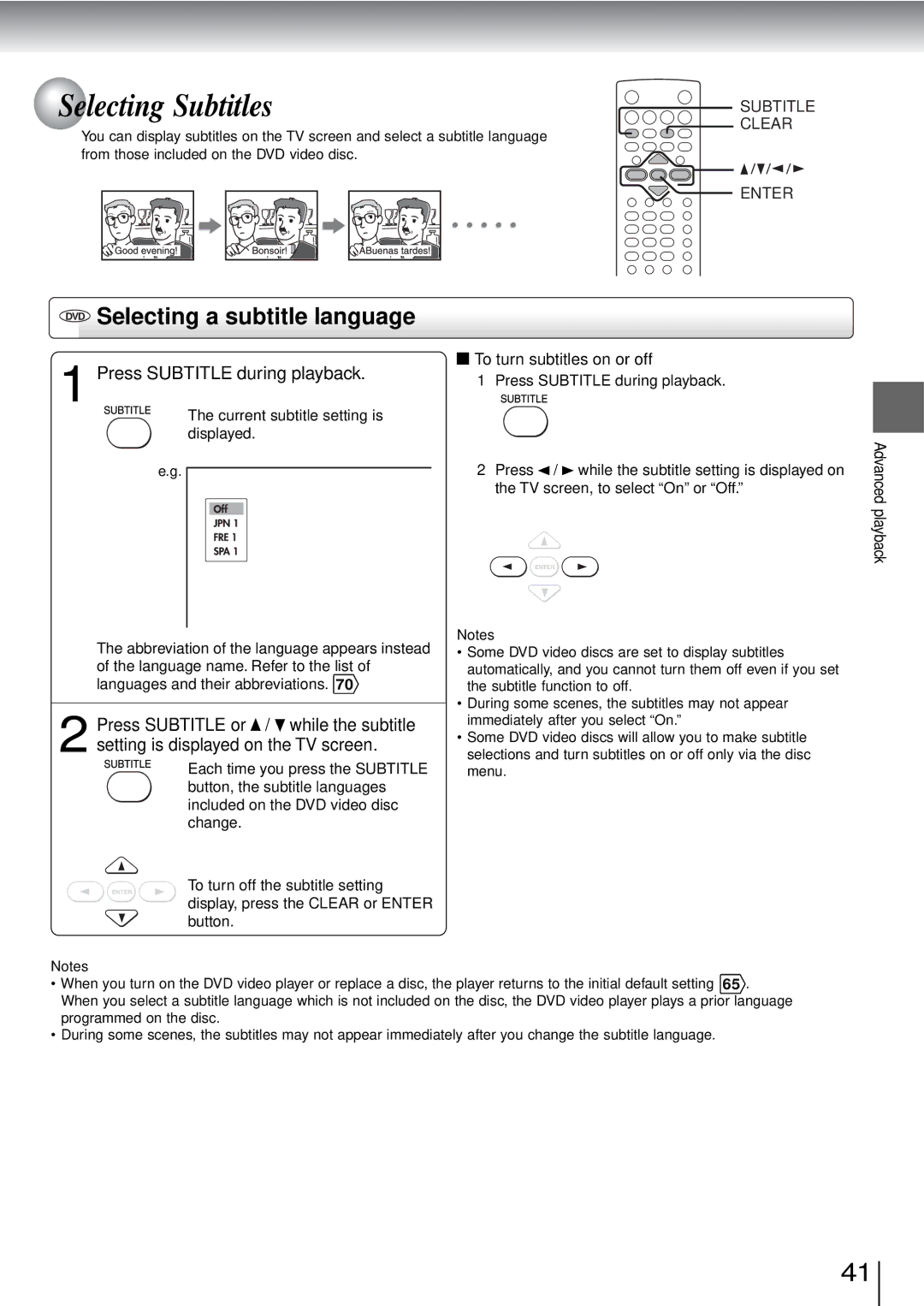 Toshiba SD-3960SU DVD Selecting a subtitle language, Press Subtitle during playback, To turn subtitles on or off 