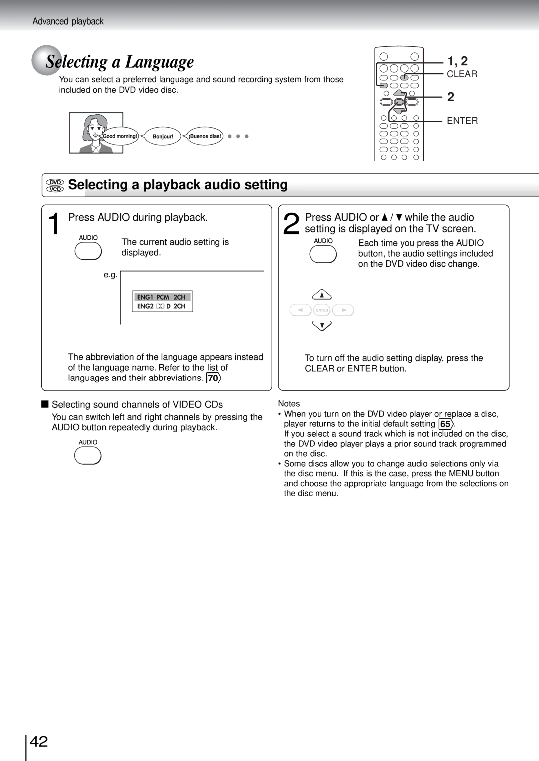 Toshiba SD-3960SU Selecting a playback audio setting, Press Audio during playback, Selecting sound channels of Video CDs 