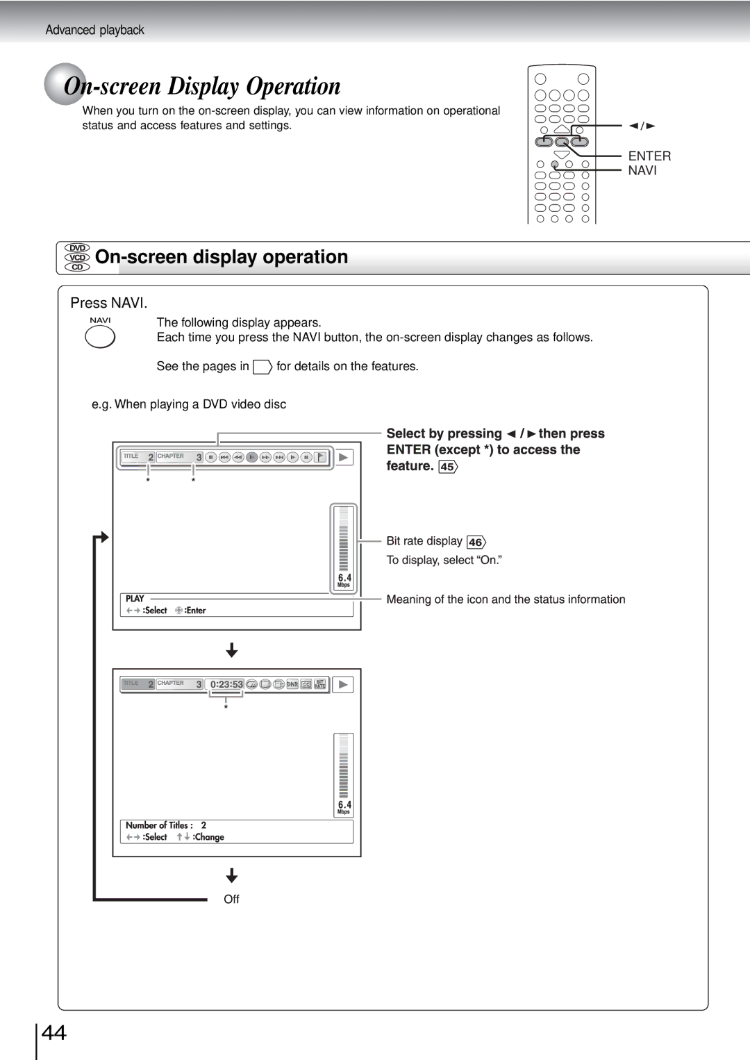 Toshiba SD-3960SU owner manual On-screen Display Operation, On-screen display operation, Press Navi 