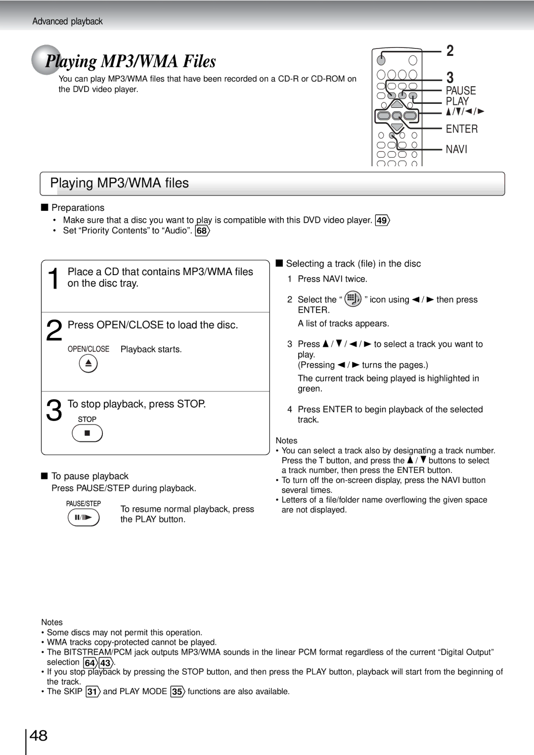 Toshiba SD-3960SU owner manual Playing MP3/WMA Files, Place a CD that contains MP3/WMA files, On the disc tray 