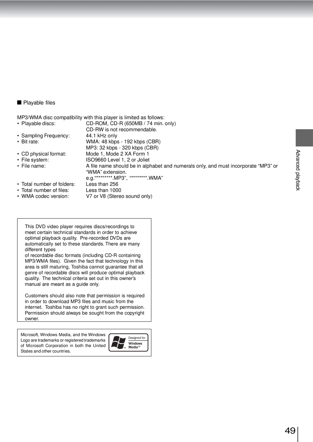 Toshiba SD-3960SU owner manual Playable files 