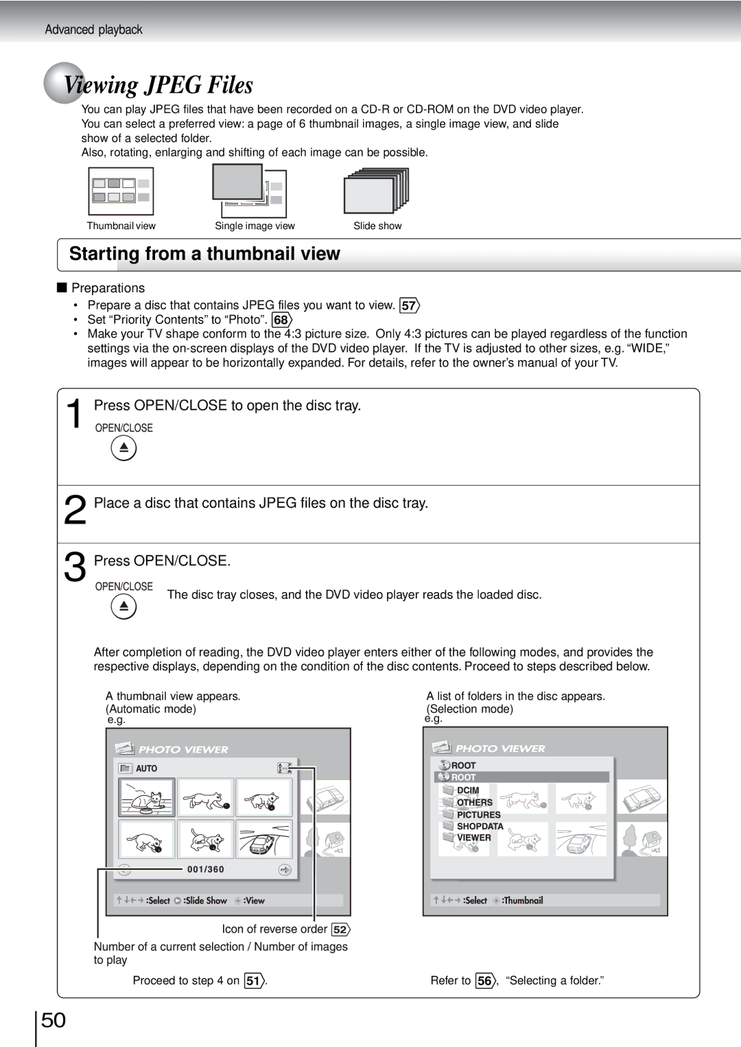 Toshiba SD-3960SU owner manual Viewing Jpeg Files, Starting from a thumbnail view 