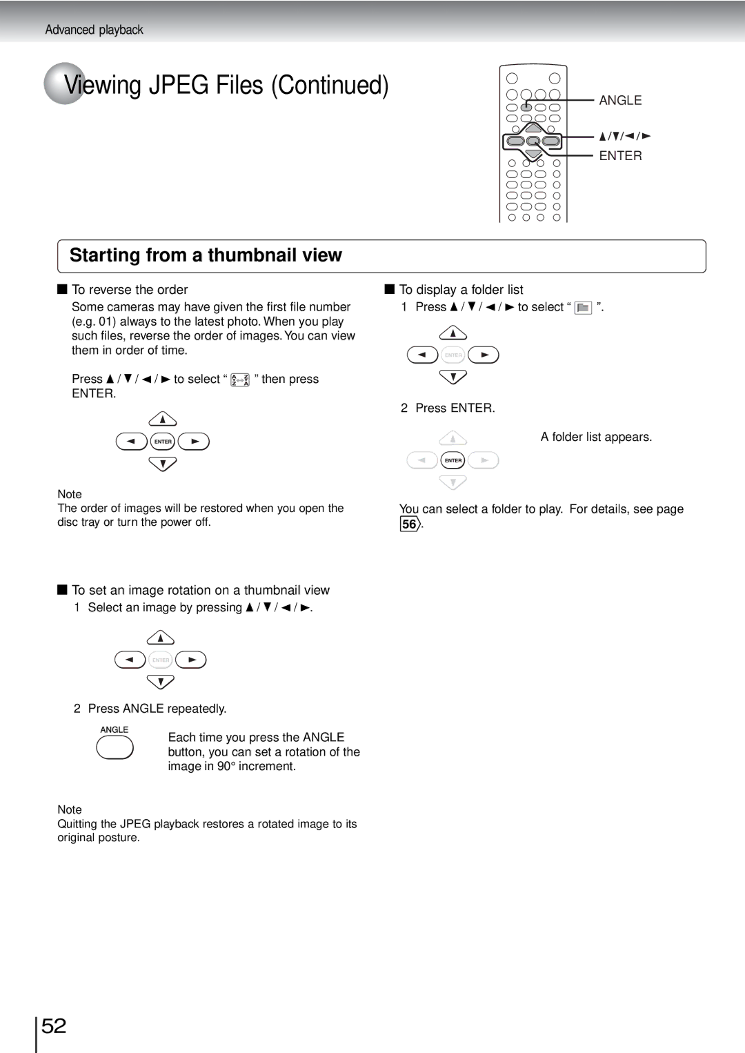 Toshiba SD-3960SU owner manual To reverse the order, To display a folder list, To set an image rotation on a thumbnail view 