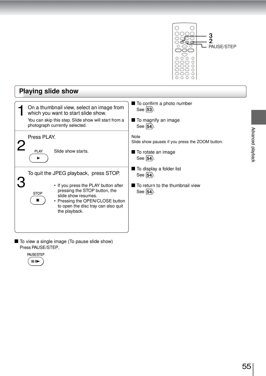 Toshiba SD-3960SU owner manual Playing slide show, To view a single image To pause slide show 