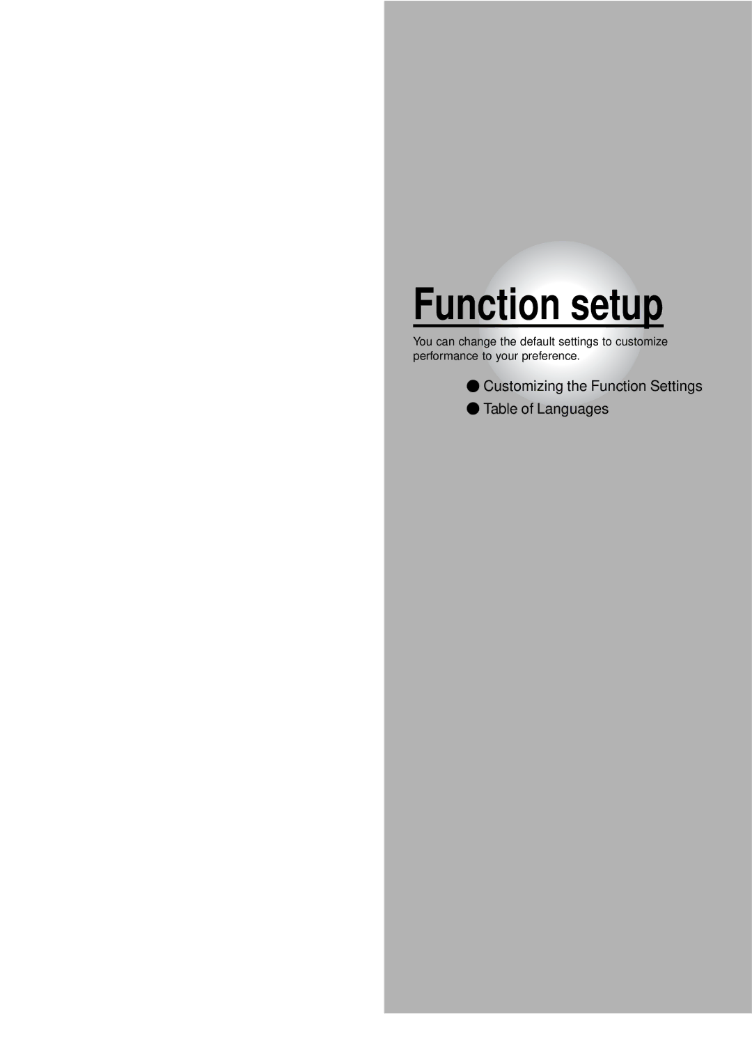 Toshiba SD-3960SU owner manual Function setup, Customizing the Function Settings Table of Languages 