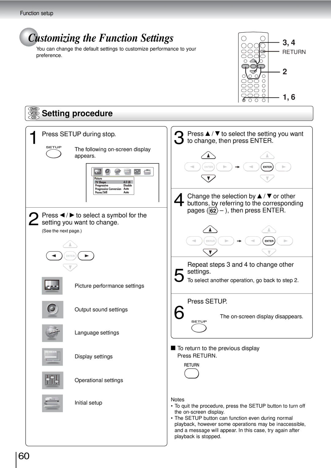 Toshiba SD-3960SU owner manual Customizing the Function Settings, Setting procedure, Press Setup during stop 