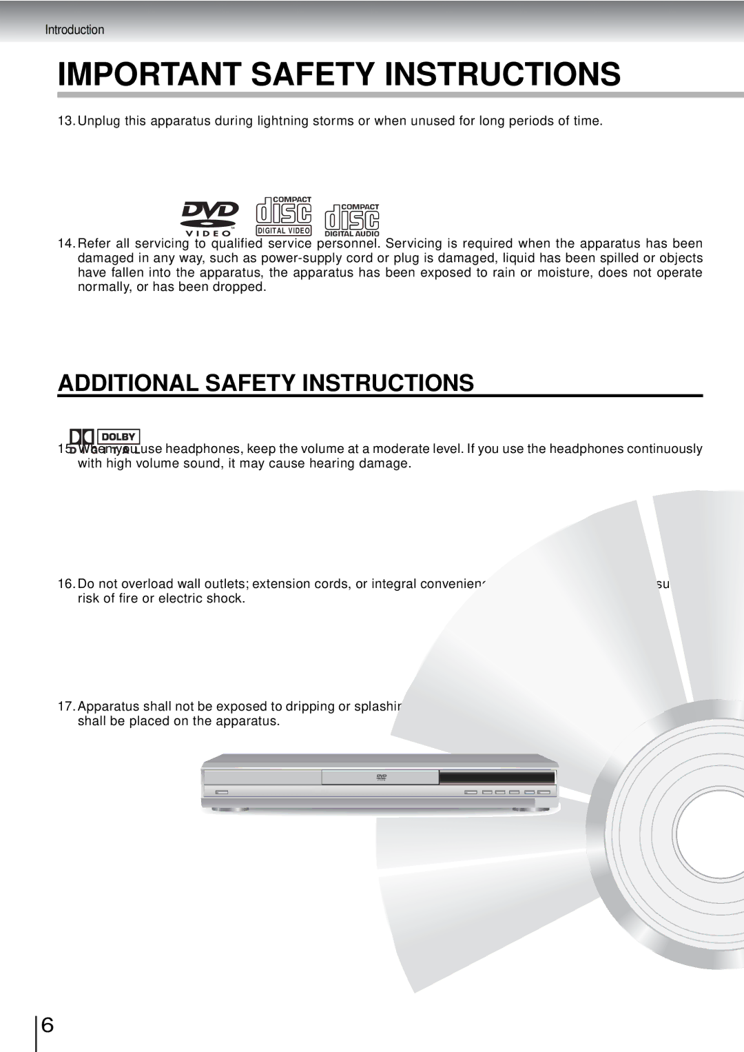 Toshiba SD-3960SU owner manual Additional Safety Instructions 